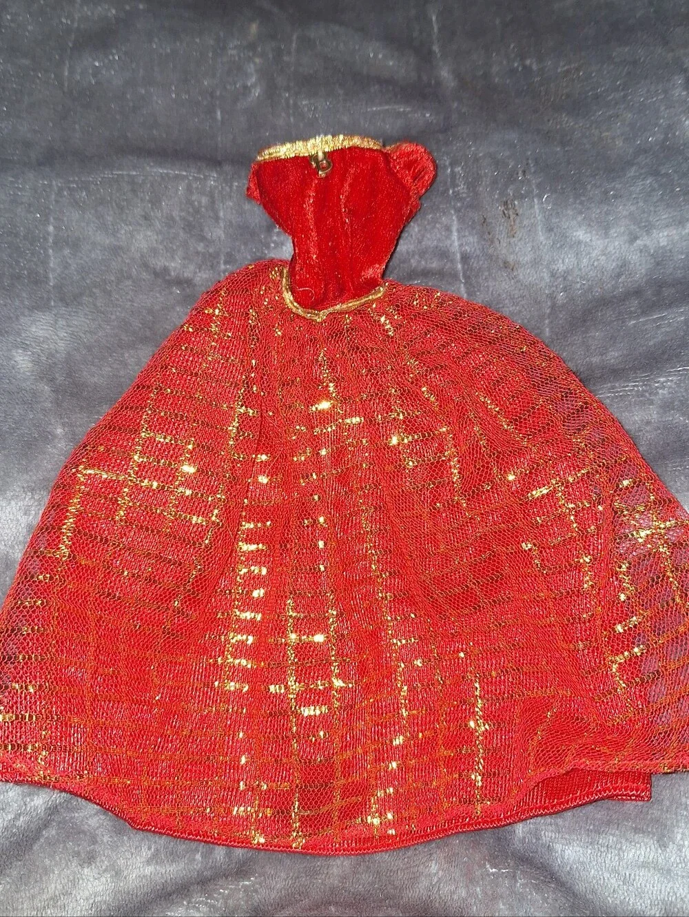 Vintage Barbie Dress~Ball Gown~Red & Gold~Metallic Mesh~Mattel~80s/90's
